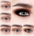 Collage of female eye with makeup steps. Royalty Free Stock Photo