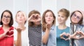 Collage of female portraits women sending air kiss or showing heart gesture.