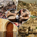 Collage of Fes traditional processing leather tannery in Morocco