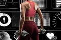 Collage of fitness woman doing exercises with dumbbells. Transparent screen with parameters Royalty Free Stock Photo