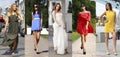 Collage of five beautiful models in colored summer dresses Royalty Free Stock Photo