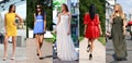 Collage of five beautiful models in colored summer dresses Royalty Free Stock Photo