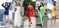 Collage of five beautiful models in colored summer dresses Royalty Free Stock Photo