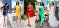 Collage of five beautiful models in colored summer dresses Royalty Free Stock Photo