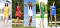 Collage of five beautiful models in colored summer dresses Royalty Free Stock Photo