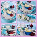 Collage of five cupcake images with butterfly wafer decoration Royalty Free Stock Photo