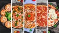 collage with five different types of pizza