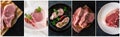collage of five raw meat assortie photos on white background Royalty Free Stock Photo