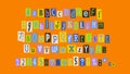 Collage font colorful cutout letters, cut pieces paper alphabet.Cuts from newspaper, anonymous message style