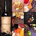 Collage. Food background with red wine, figs, grapes and cheese Royalty Free Stock Photo