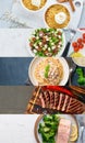 Collage of food. Five-course menu. Fish, meat, pasta, salad, dessert. Vertical Royalty Free Stock Photo