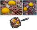 Collage food of fried eggs with ham in a pan isolated on white background Royalty Free Stock Photo