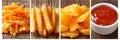 Collage of food products divided with white vertical lines bright white light, minimum 7 segments Royalty Free Stock Photo