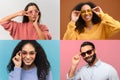 Collage of four diverse people in sunglasses over colors background Royalty Free Stock Photo