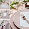 Collage of four images, birthday or wedding table setting. Invitation mockup. Royalty Free Stock Photo