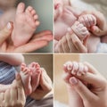 A collage of four photos, baby hands and feet and hands mother