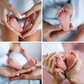 A collage of four photos of mother`s hands and baby`s feet Royalty Free Stock Photo