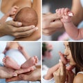 A collage of four photos of parts of the body of the mother and the baby