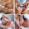 A collage of four photos of parts of the body of the mother and the baby Royalty Free Stock Photo