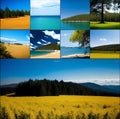 Collage of four pictures of colza fields in the Ukrainian Carpathians