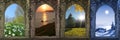 Collage four seasons - view through arched castle window