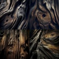 Collage of four textures of boards of very old wood with knots