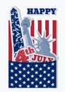 Collage for fourth july celebration USA. Statue of Liberty, flag and monument. Retro design of American symbols.
