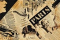 Collage of french newspaper headlines, draws and articles in 1930s - french atmosphere theme