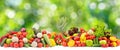 Collage fresh colored vegetables, fruits, berries on green background Royalty Free Stock Photo