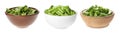 Collage with fresh green celery in bowls on white background. Banner design