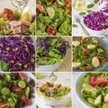 Collage with fresh salads, green leaves, vegetables, tuna Royalty Free Stock Photo