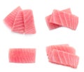 Collage with fresh tuna sashimi isolated on white, top view Royalty Free Stock Photo