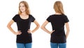 Collage front and back views black t-shirt isolated on white background,empty t shirt