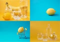 A collage of fruit, clean water. Blue and yellow. Lemon, banana. Refreshing drinks. Healthy eating. Collage