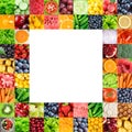 Collage of fruits, vegetables and berries. Fresh color food. Frame. Healthy food Royalty Free Stock Photo