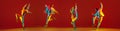Collage. Full-length portraits of young boy in motion, dancing contemp style, hip-hop isolated over red background in