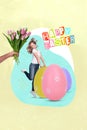 Collage of funky lady celebrate happy easter holiday prepare handmade colorful paschal eggs holding tulips bouquet over Royalty Free Stock Photo