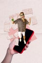 Collage of funny young summer vibe lover guy drink cocktail write his lovers message using phone chatting isolated on