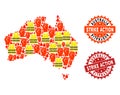 Collage of Gilet Jaunes Protest Map of Australia and Strike Action Stamps