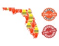 Collage of Gilet Jaunes Protest Map of Florida State and Strike Action Stamps