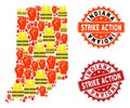 Collage of Gilet Jaunes Protest Map of Indiana State and Strike Action Stamps Royalty Free Stock Photo