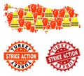 Collage of Gilet Jaunes Protest Map of Turkey and Strike Action Stamps