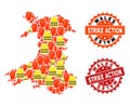 Collage of Gilet Jaunes Protest Map of Wales and Strike Action Stamps