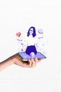 Collage of girl google assistant famous blogger business lady hold like share new post icons virtual hologram phone Royalty Free Stock Photo