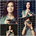 Collage girl posing with camera