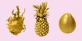 Collage of gold fruits on pink background Royalty Free Stock Photo