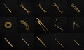 Collage of golden repair tools and elements isolated on black background