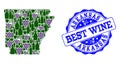 Collage of Grape Wine Map of Arkansas State and Best Wine Stamp Royalty Free Stock Photo