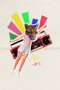 Collage graphics of funky lady wild cat instead head enjoying boom box songs isolated painting background Royalty Free Stock Photo