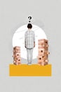 Collage graphics picture of questioned lady choosing falling jenga tower isolated painting grey color background